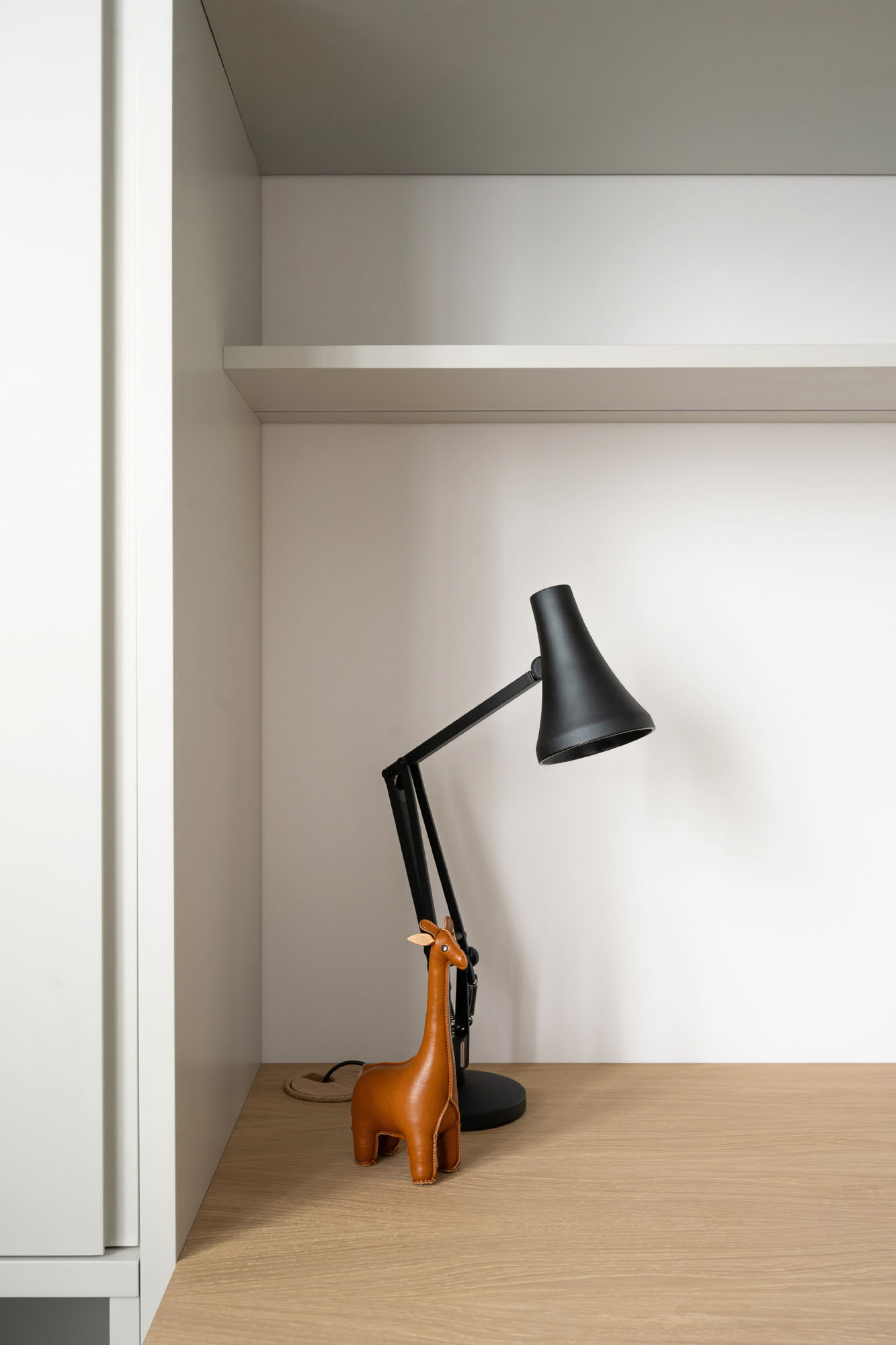 Funky Little Darlings Amersham boys bedroom study desk with storage shelf and Anglepoise lamp, combining functionality and modern design for a stylish workspace.