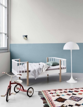 Oliver Furniture Wood bed in blue and white room