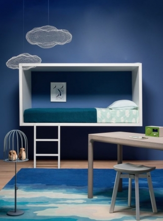 Blue bedroom, wall mounted bed