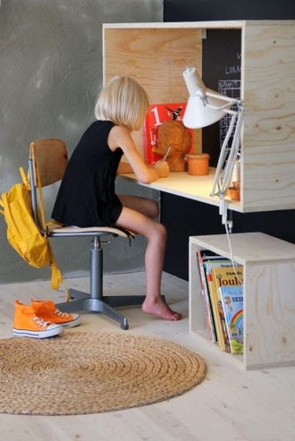 Plywood storage in playroom, plywood desk in play room