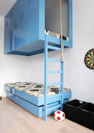 High rise bunk bed, blue ceiling mounted bunk bed
