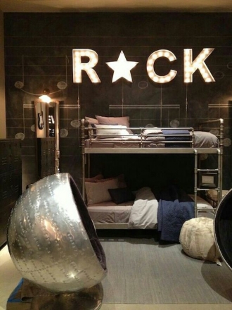 Industrial bedroom with bunk beds, vintage star light, rock star kids bedroom