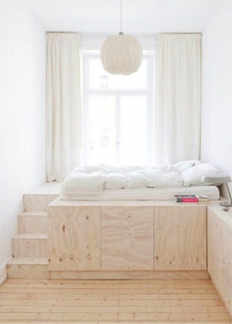 Plywood platform bed, steps and storage in plywood in kids bedroom