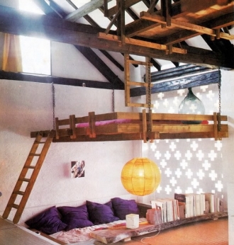 Mezzanine loft bed in vintage wooden bedroom