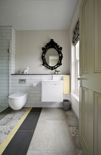Girl's bathroom, grey and yellow tiled bathroom