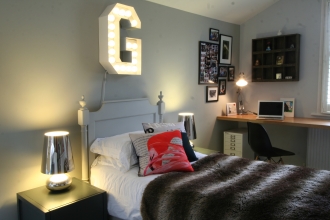 Girls built in bedroom, Scandi bed, colourful cushions, vintage light