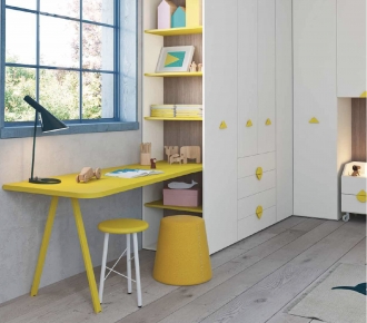 yellow and white storage in kids bedroom