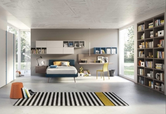 Nidi bedroom, yellow, wood and blue bedroom