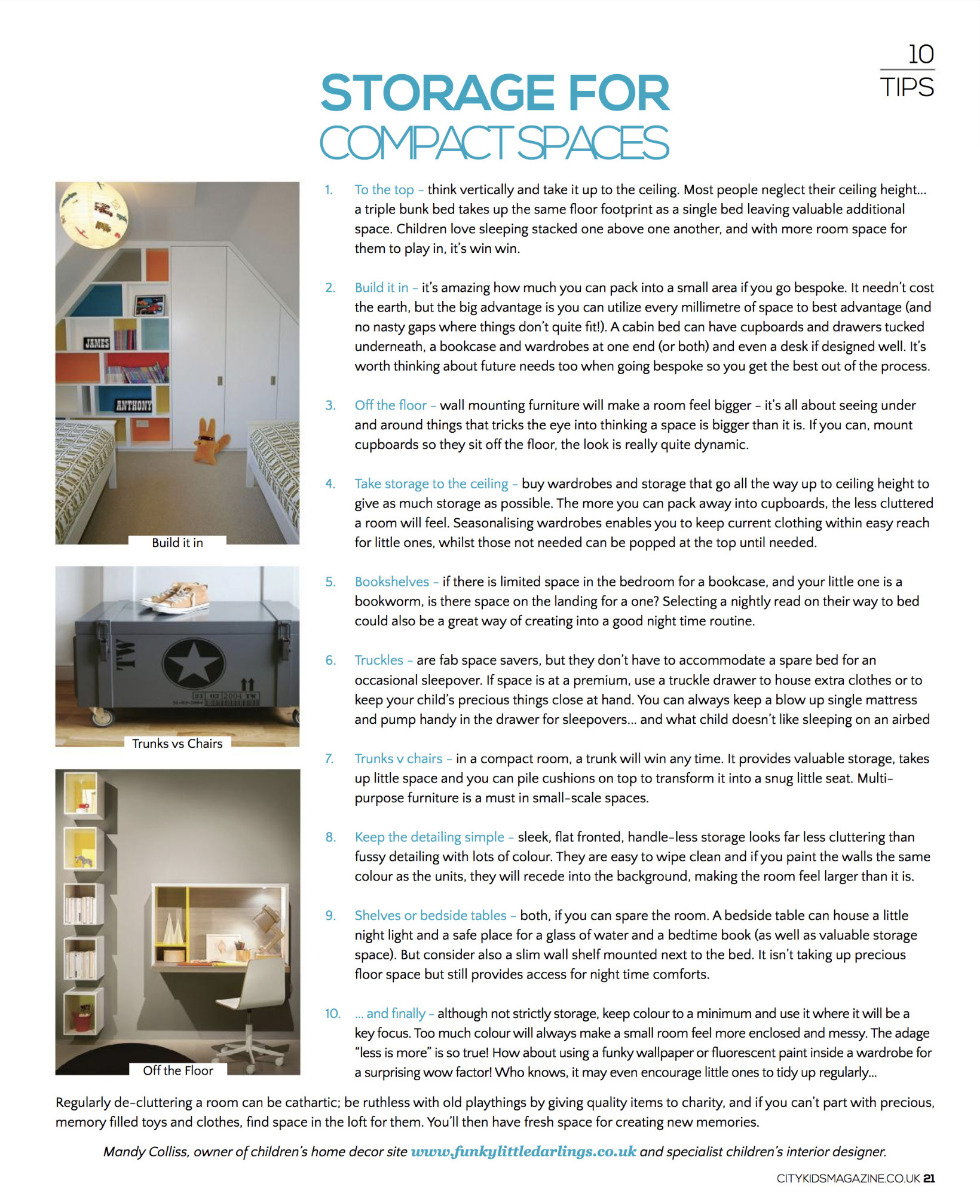 Funky Little Darings interior design page on how to create storage in a compact children's bedroom
