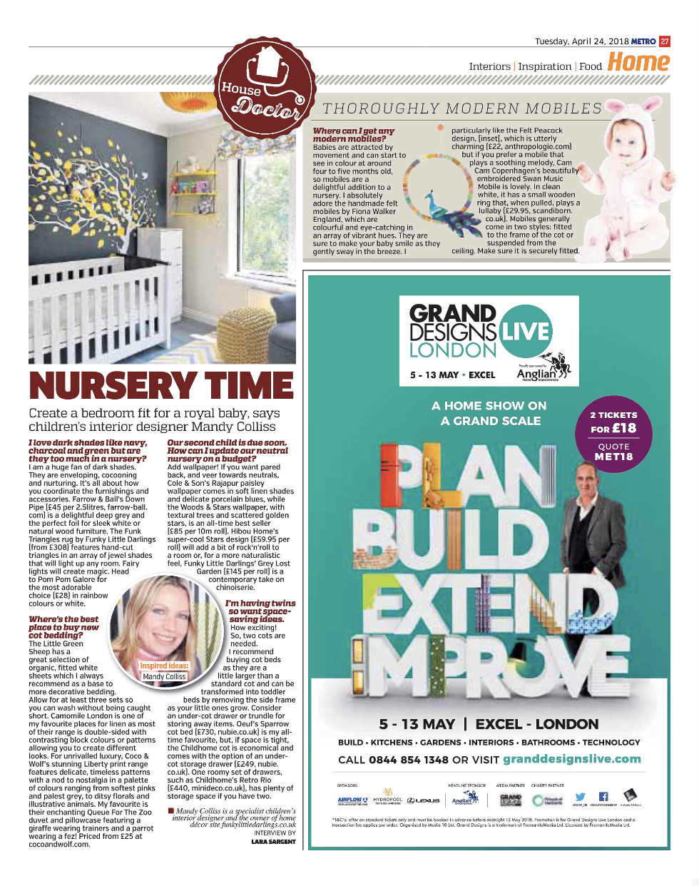 Interview with Mandy Colliss in Metro newspaper, specialist kids interior designer on how to create the perfect nursery and children's bedroom